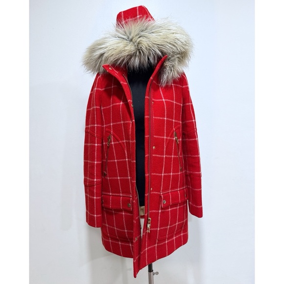 J. Crew Chateau Parka Red White Windowpane Plaid Removable Faux Fur Collar Coat - Picture 12 of 16